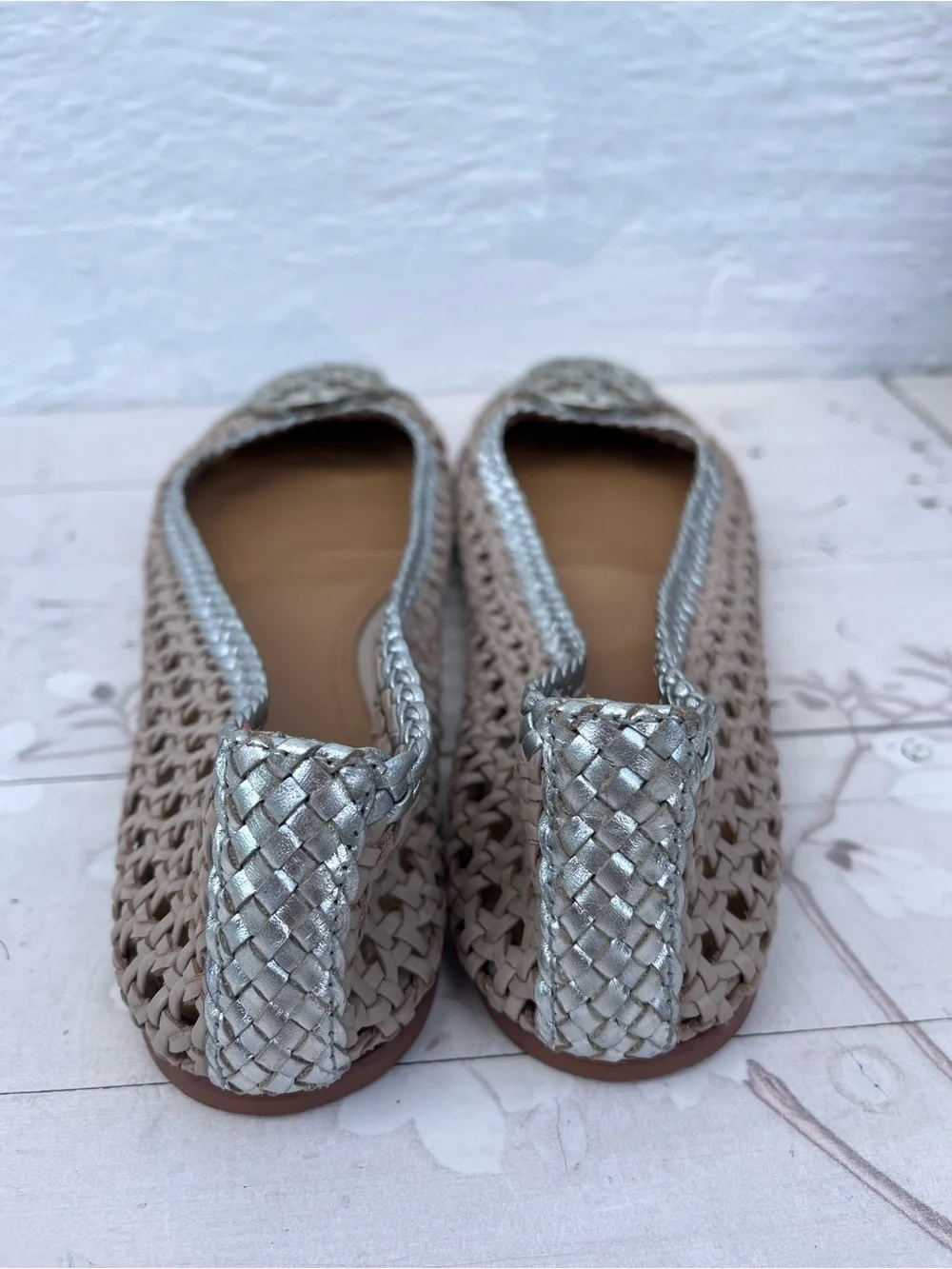Woven Metallic-Trim Ballet Flats in Taupe